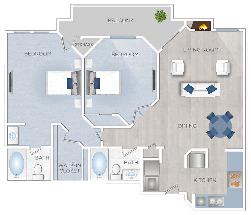 Floor plan for 2 beds, 2 baths, 965 sqft